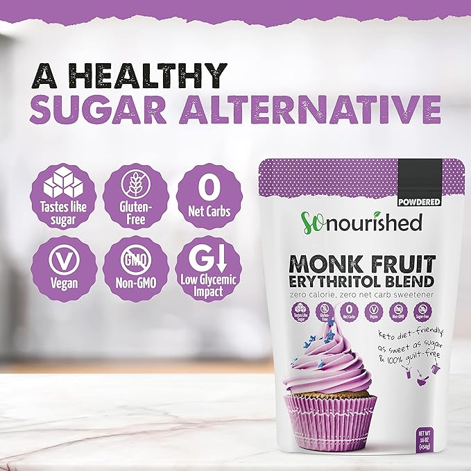 So Nourished Powdered Monk Fruit Sweetener with Erythritol, 1:1 Sugar Substitute, Keto, 0 Calorie, 0 Net Carb, Non-GMO (5 Pounds)