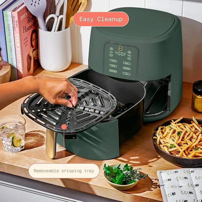 Beautiful 6 Qt Air Fryer with TurboCrisp Technology, EverGood Ceramic Nonstick Coating - Roast, Reheat and dehydrator, kitchen appliances by Drew Barrymore (Thyme Green)