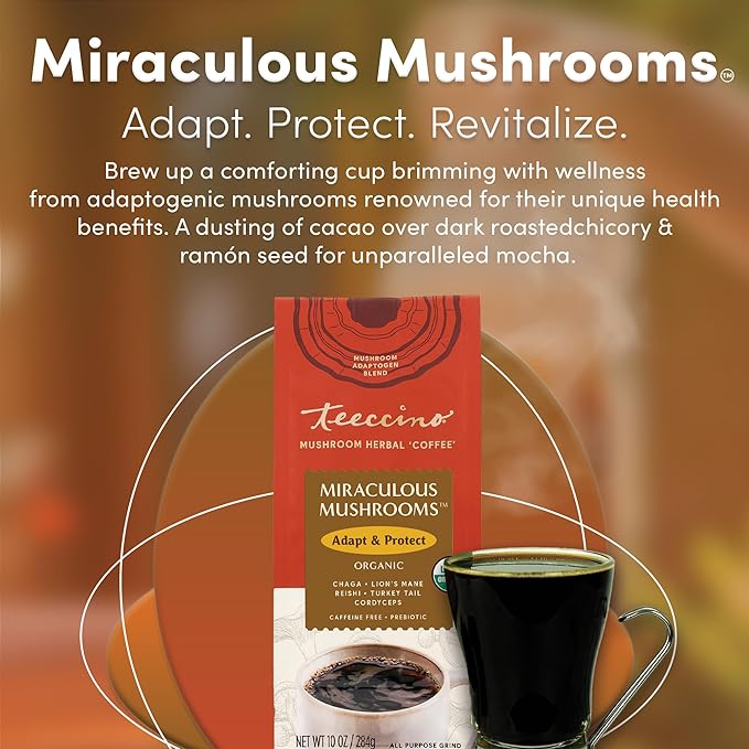 Teeccino Miraculous Mushrooms Adapt & Protect Coffee Alternative, 10 Oz – 5 Organic Adaptogenic Mushrooms with Chicory & Cacao, Caffeine Free, Prebiotic, Acid Free, All-Purpose Grind