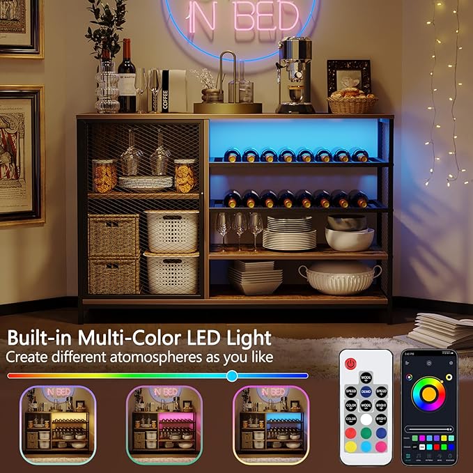 Wine Bar Cabinet with USB Charging & RGB Lights, Modern Liquor & Coffee Bar Station with Adjustable Shelves, Glass Holder, for Kitchen, Living Room, Dining Room