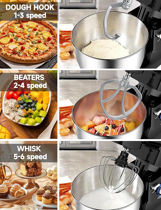 Stand Mixer 6QT Dough Mixer - 660W Kitchen Mixer 6-Speed Electric Mixer with Egg Whisk Dough Hook Flat Beater SILVER