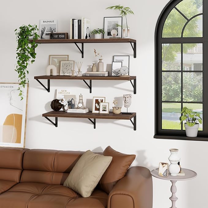 Deep Wall Shelves 36"W x 12"D Engineered Wood Floating Shelves for Wall, Sturdy Metal Bracket Bookshelves Home Decor Storage for Living Room Bedroom Bathroom Kitchen, Set of 2, Walnut Finish