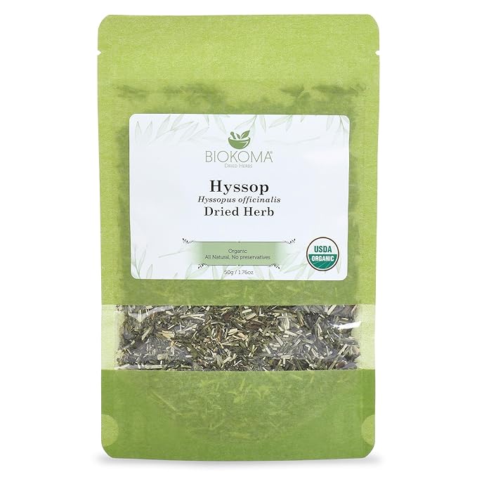 Biokoma Pure and Organic Hyssop Dried Herb 50g (1.76oz) in Resealable Moisture Proof Pouch, USDA Certified Organic - Herbal Tea, No Additives, No Preservatives, No GMO, Kosher