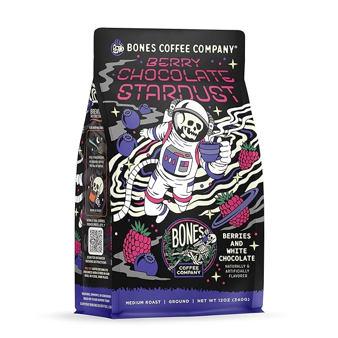 Bones Coffee Company Berry Chocolate Stardust, Berries and White Chocolate Flavored Coffee, Medium Roast Low Acid Arabica Beans For Auto drip and French Press Coffee Maker, 12 Oz Ground