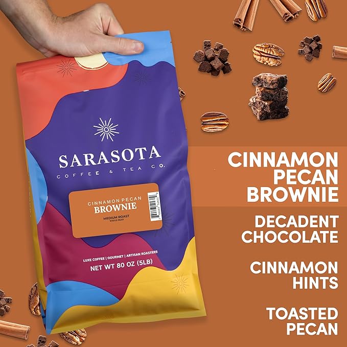 Sarasota Coffee Whole Bean Cinnamon Pecan Brownie | Medium Roast Gourmet Flavored Coffee Beans | Low Acid, Mold Free, Specialty Grade Bulk Beans | 5lb (80 oz)