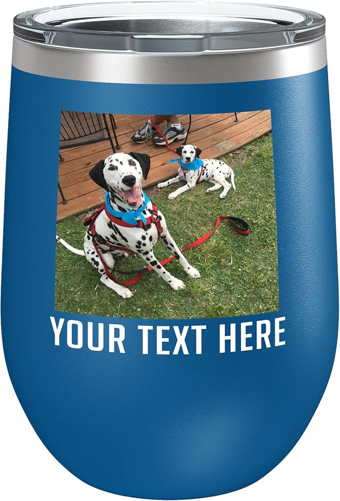 Personalized 12oz (17 Colors) Mother's Day Photo Printed Insulated Stainless Steel Powder Coated Stemless Wine Tumbler with Lid, Customized Gift Idea for Her, Coach Gifts Team Mom Dad (Royal Blue)
