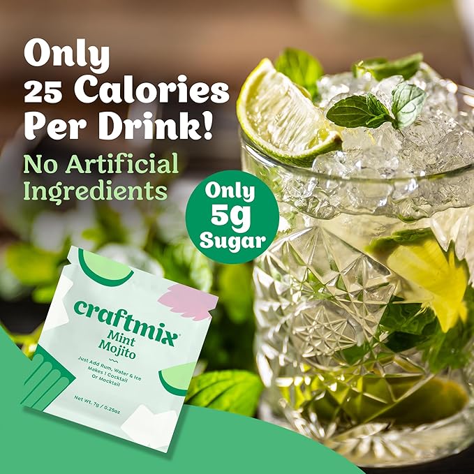 Craftmix Mint Mojito Cocktail & Mocktail Drink Mixer, Skinny Mixes - Water Flavoring Packets - Made With Real Fruit - Vegan Low-Carb, Low-Sugar, Non-GMO, Dairy Free, Gluten Free, 12 Pack