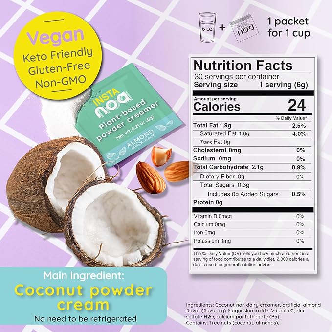 NOA Plant-Based Powder Creamer - Dairy-Free Coconut & Almond Flavor, No Stevia, Vegan, Keto-Friendly, Instant Non-Dairy Coffee Enhancer, 30 On-The-Go Sachets