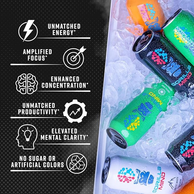Gorilla Mind Energy Drink | Unmatched Energy · Amplified Focus | N-Acetyl-L-Tyrosine, Alpha-GPC, 200mg Caffeine, Uridine, Saffron | 0 Sugar Or Artificial Colors | 16oz, 12-Pack (Blue Raspberry)