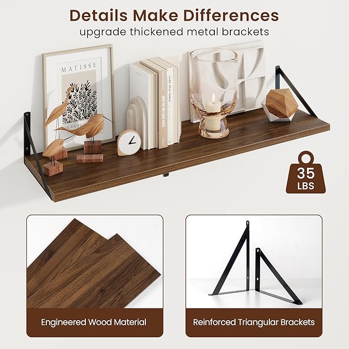 Axeman Deep Floating Shelves for Wall - 36 Inch Wide x 10 Inch Deep Floating Shelves Set of 2 -Walnut Wide Wall Shelves for Living Room Bathroom Bedroom