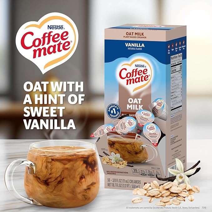 Nestle Coffee mate Plant Based Liquid Coffee Creamer Singles, Vanilla Flavored Oat Milk, 50 Ct Box