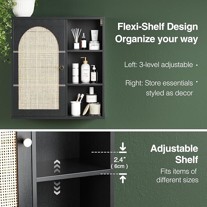Rattan Bathroom Wall Cabinet, Boho Medicine Wall Cabinets with Door and Adjustable Shelves, Tall Kitchen Wall Mounted Storage Cabinet, Floating Hanging Cabinet Space Saver for Laundry Room,Black