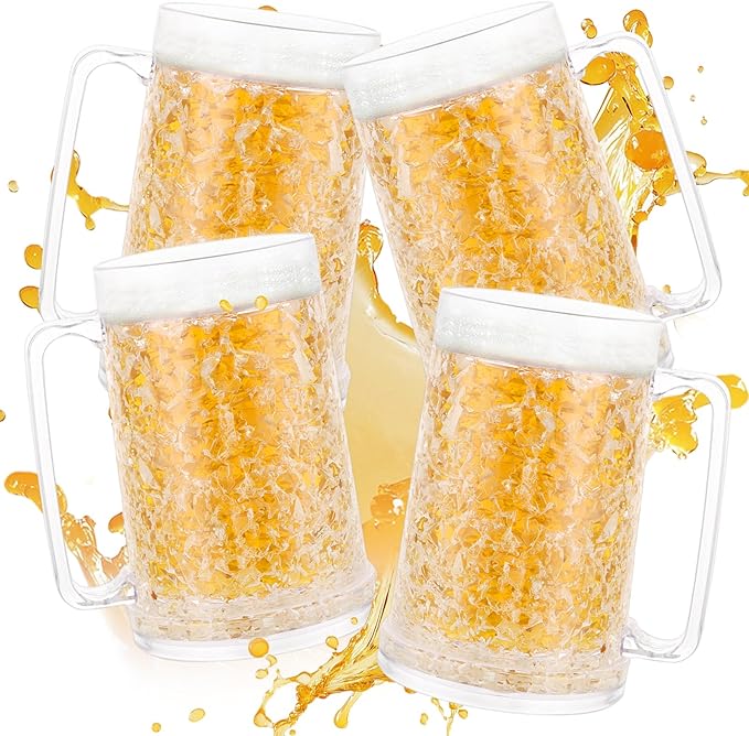 4 Pack Freezer Mugs for Beer 15oz, Double Wall Frozen Beer Mug, Freezer Cups for Drinks, Insulated Plastic Mugs with Handles