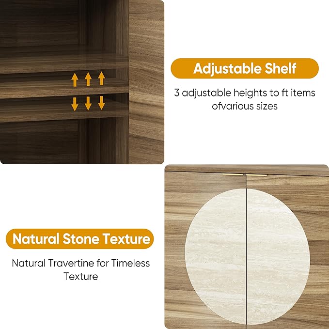 Modern Sideboard Buffet Cabinet, Wood Accent Cabinet with Faux Travertine Inlay & Gold Legs, Storage Cabinet for Dining Room, Living Room, Entryway
