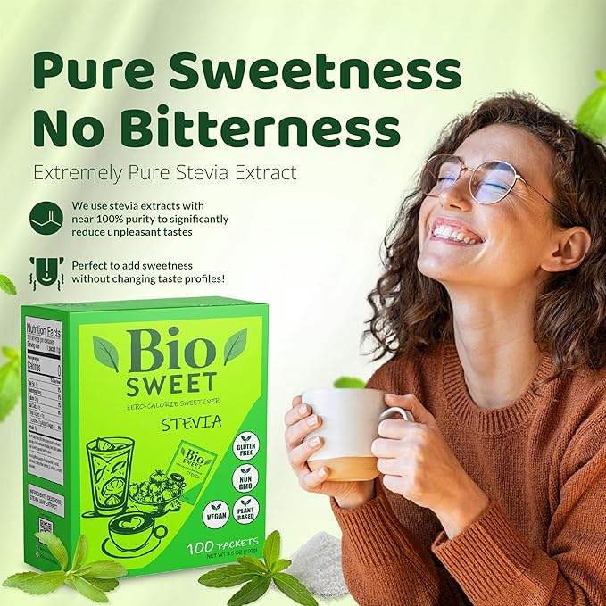 BioSweet Zero Bitterness Stevia Packets | Zero Calorie Sweetener | Non GMO, Natural, Gluten Free, Vegan | Nothing Artificial (100 Packets)