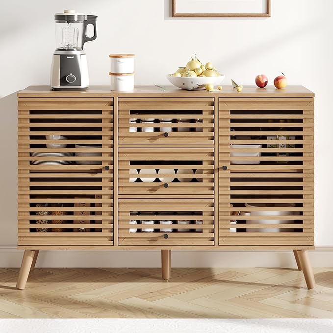 Buffet Cabinet with Slatted Doors, 47" W Sideboard Buffet with Drawers, Modern Mid Century Accent Storage Cabinet for Living Room, Entryway, Kitchen, Oak