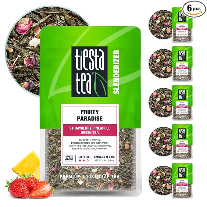 Tiesta Tea - Fruity Paradise, Strawberry Pineapple Green Tea, Premium Loose Leaf Blend, Tropical Fruit Flavor, Medium Caffeinated, Hot or Iced, 20-25 Cups, 9.6oz Resealable Pouch, Pack of 6