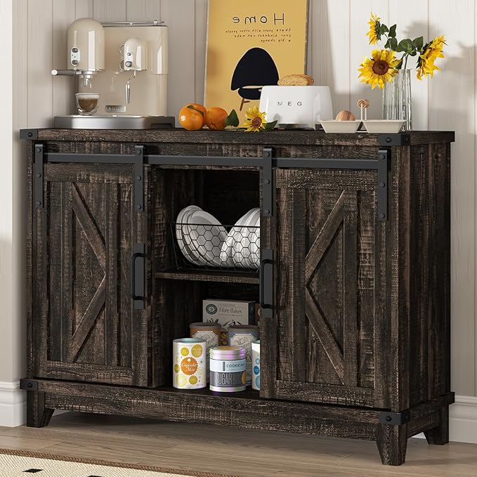 Vabches Cube Storage Organizer, Sliding Doors Coffee Bar Cabinet with Storage Farmhouse Sideboard Buffet Cabinet with Adjustable Shelves Coffee Bar for Kitchen Home Office Dining Room