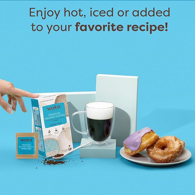 Waka Premium Instant Coffee Sachets — 100% Arabica Freeze Dried Beans — For Hot or Iced Coffee (8 Count, Medium Roast)