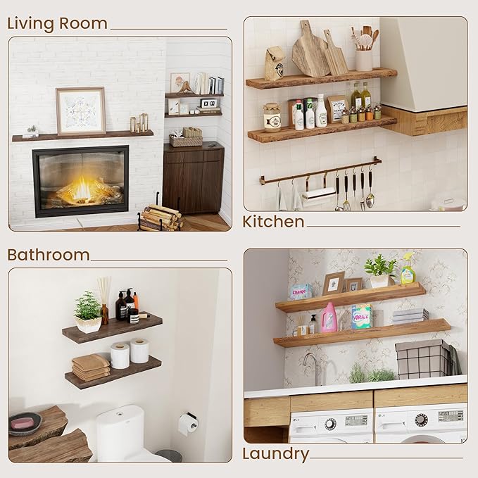 Floating Shelves for Wall Decor, 8" Deep Rustic Solid Elm Wood Floating Shelves Wall Mounted, Wall Shelves with Invisible Bracket for Living Room Bathroom Bedroom Kitchen, 30 Inch Set of 2, Natural