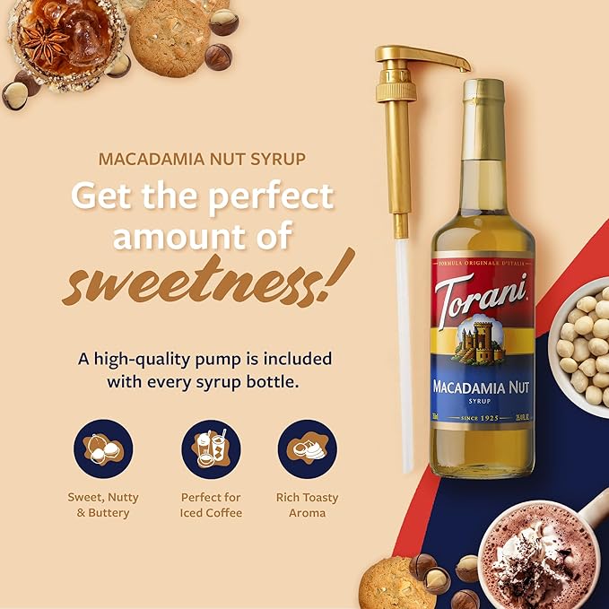 Torani Coffee Syrup, Macadamia Nut Flavoring for Drinks, Glass Bottle with Pump Included, 25.4 Fl Oz