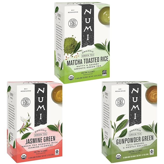 Numi Organic Green Tea Variety, 54 Green Tea Bags, Gunpowder, Jasmine Green & Matcha Toasted Rice
