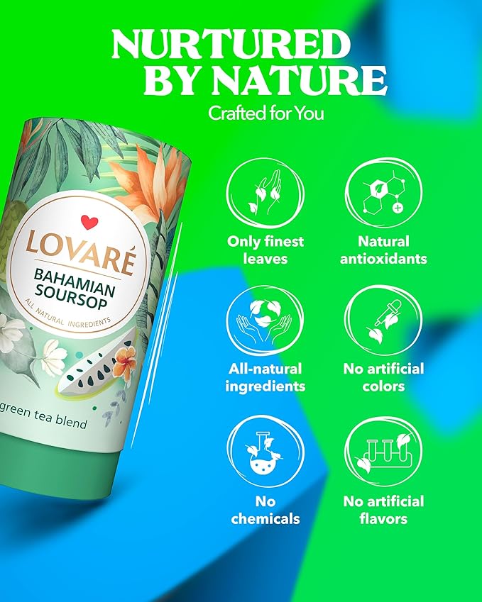 LOVARE Bahamian Soursop Loose Leaf Tea – 80 g Premium green tea blend with Soursop Pieces & Marigold Petals – Ukrainian Brand – Authentic Gift Tube with 15 Paper Filters – Easy to Brew tea Blend