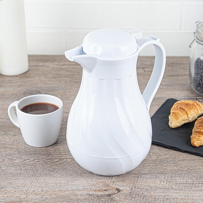 Restaurantware-Restpresso 42 Ounce Coffee Carafe, 1 Insulated Coffee Server - Push-Button Top, Swirl Design, White Plastic Pitcher, Built-In Handle, With Identification Tags