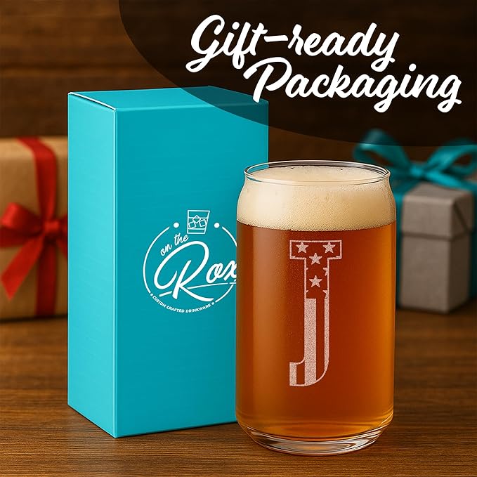 Monogram Beer Glasses for Men (A-Z) 16 oz - Engraved Beer Gifts for Men Brother Son Dad Neighbor - Unique Christmas Gifts for Him - Personalized Drinking Gift Beer Glass Mugs (J)