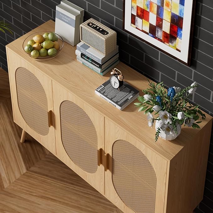 Modern Rattan Storage Cabinet with Doors, Wood Sideboard Buffet Cabinet for Living Room, Entryway, Dining Room (3-Door)
