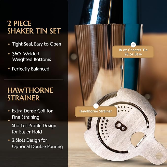 5 Piece Cocktail Kit by Bull In China - Premium Bartender Gift Set Includes Weighted 2 Piece Boston Shaker, Hammered Bell Jigger, Hawthorne Strainer & Fine Mesh Strainer (Rainbow Chrome)