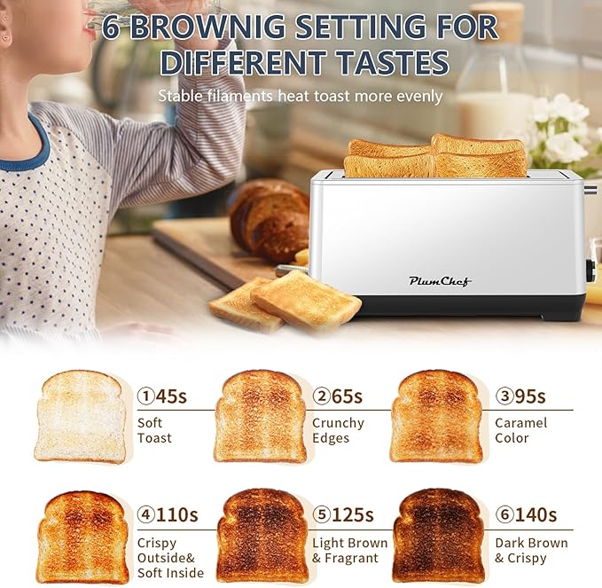 4-Slice Toaster, Extra Wide Long Slot Toaster with Warming Rack, 6 Browning Settings, Bagel/Defrost/Reheat Functions, Removable Crumb Tray, Stainless Steel Housing,Silver