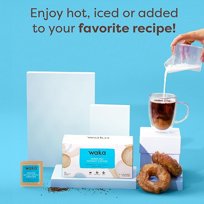 Waka Instant Coffee, Medium Roast - 100% Arabica Colombian Beans, Freeze Dried Granules, No Additives - Single Serve Packets for Quick Hot and Iced Coffees (50 Individual Coffee Packets)