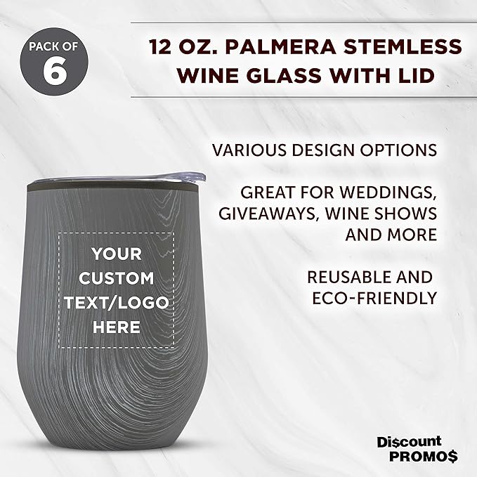 Custom Palmera Stemless Wine Tumblers with Lids 12 oz. Set of 6, Personalized Bulk Pack - Perfect for Wine, Cocktails, Other Hot & Cold Beverages - Rustic Grey