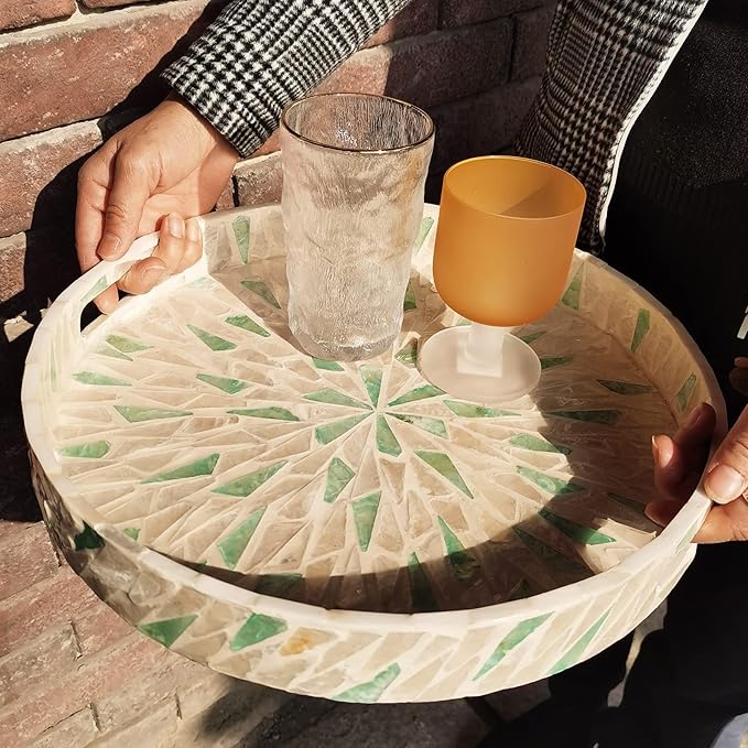 I-LAN 16 Inch Large Round Beige Green Mother of Pearl Severing Tray with Handle and 2”Side, Lacquer Wooden Shell Decor Platter, Gorgeous Inlay Nacre Ottoman Tray for Food, Breakfast, Coffee Table, L