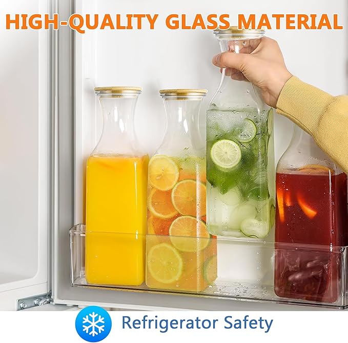 Set of 4 Square Glass Carafe, 1 Liter Beverage Serveware Carafe with Bamboo Lid, Water Bottles, Clear Glass Pitchers for Mimosa Bar, Milk, Juice, Lemonade(4 Bottles)