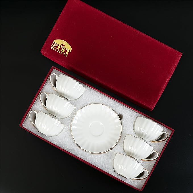 BTaT- White Tea Cups and Saucers with Gift Box, 7oz, Set of 6 Tea Cups Set of 6 with Gold Rim, Christmas Gifts