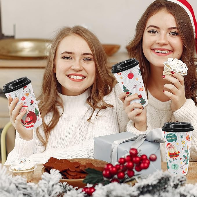 100 Pack Christmas Coffee Cups with Lids 16oz, Disposable Insulated Ripple Wall To Go Paper Coffee Cups for Hot/Cold Drinks Office Home Shop Event (Colorful)