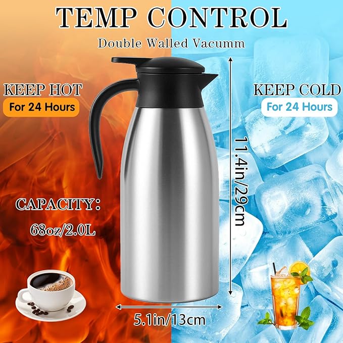 2 Pcs 68 OZ Insulated Coffee Carafe – Thermal Stainless Steel Carafe for Hot Liquids | Double Wall Coffee Thermos Dispenser with Cleaning Brushes – Keep 12H Hot & 24H Cold