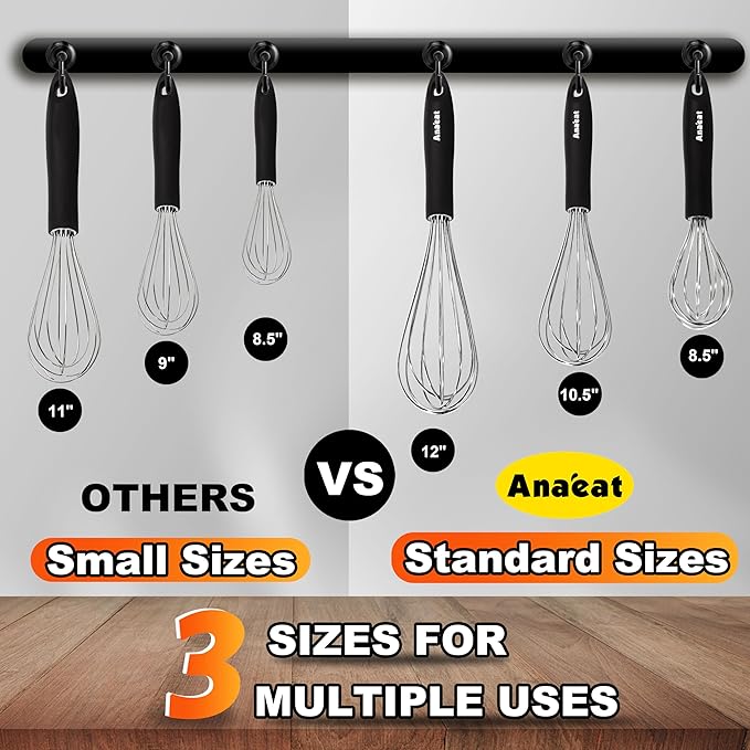 3 Packs Stainless Steel Whisk Set - Balloon Whisk, Anaeat Thick Stainless Steel Wire ＆ Strong Handles, Egg Beater for Cooking, Blending, Whisking, Beating and Stirring (9"+11"+12")