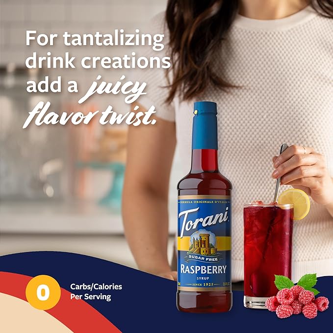 Torani Sugar Free Syrup, Raspberry Flavored Syrup for Drinks, Zero Calorie, Pump Included, 25.4 Fl Oz