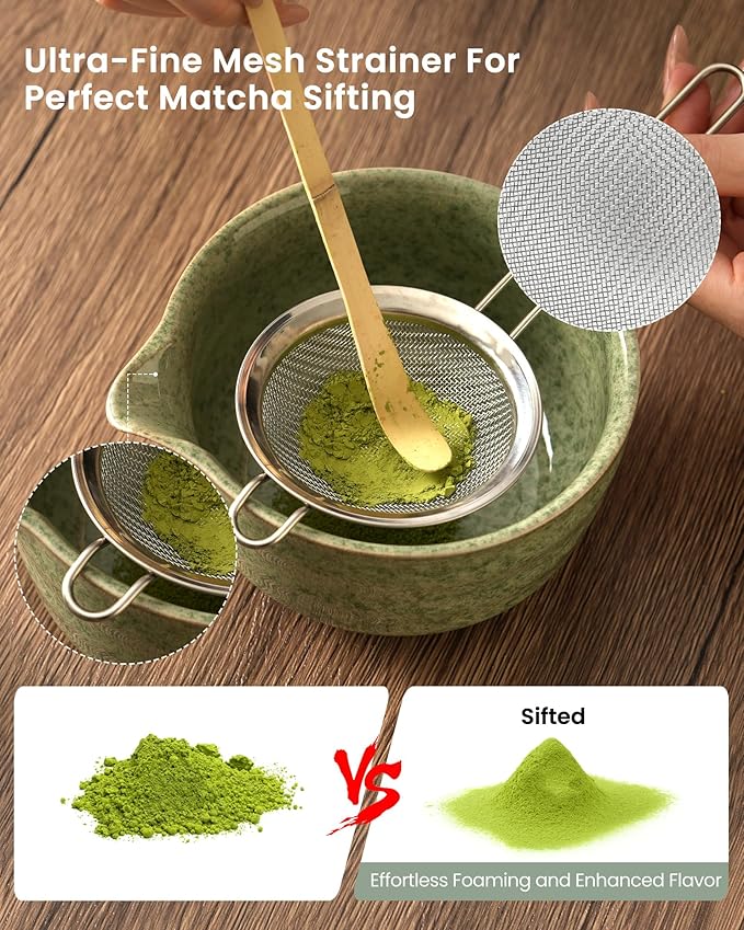 Matcha Whisk Set Ceramic Matcha Kit Set Includes Matcha Bowl, Matcha Whisk and Holder, Bamboo Scoop, Scoop Rest, Sifter and Tea Towel - 7 Pcs Matcha Kit for Matcha Lovers (Matcha Green)