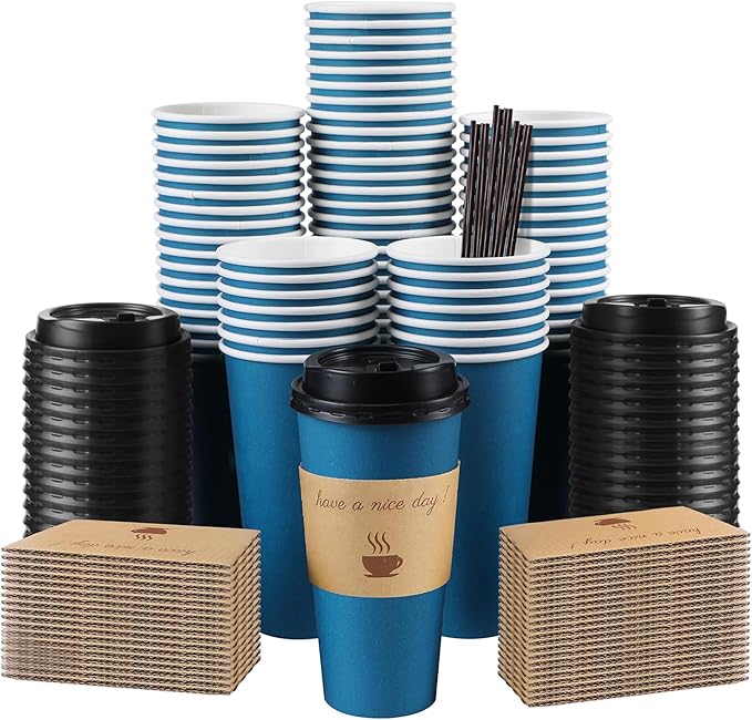 50 Pack 20 oz Coffee Cups with Lids, Disposable To Go Paper Coffee Cups with Sleeves and Stirring Sticks for Hot/Cold Drinks Office Home Shop Event (Navy)