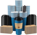 50 Pack 20 oz Coffee Cups with Lids, Disposable To Go Paper Coffee Cups with Sleeves and Stirring Sticks for Hot/Cold Drinks Office Home Shop Event (Navy)