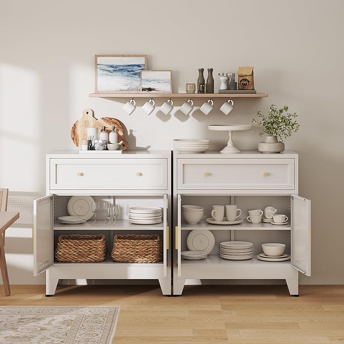 Metal Buffet Cabinet,White Coffee Bar Cabinet,Small Buffet Sideboard Cabinet,Coffee Cabinets with Storage,Short Kitchen Pantry Cabinets for Dining Room,Living Room