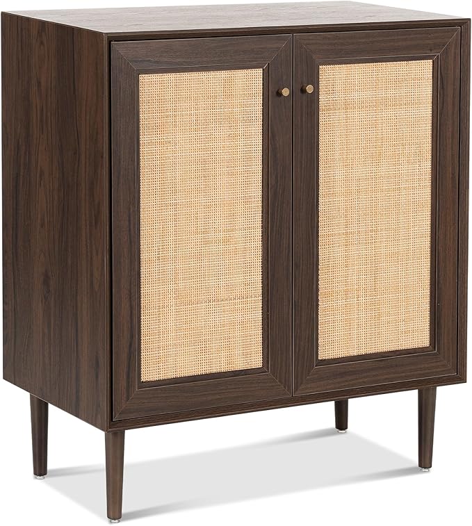 Natural Rattan Cabinet Sideboard with Storage, Boho Free Standing Buffet Kitchen Coffee Bar Accent Cabinet Farmhouse Credenza for Entryway, Living Room (Square Doors/Brown)