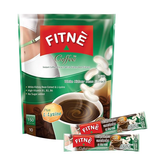 FITNE Instant 3 In 1 Coffee Packets Mix With White Kidney Bean Extract L-Lysine Vitamin B1 B2 B6 Smooth Blend No Sugar Sucralose Sweetener, 10 Sachets