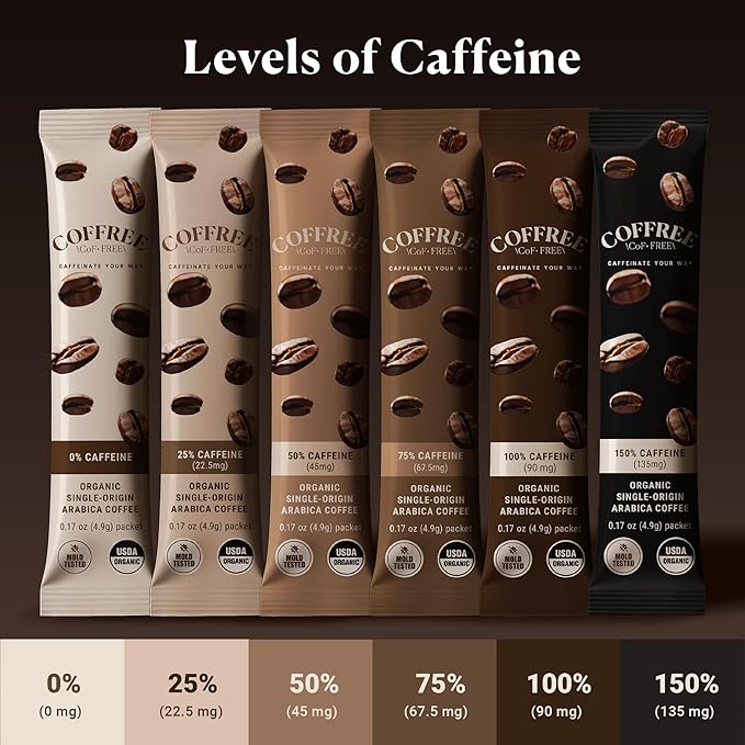 COFFREE Organic Instant Coffee Packets - 100% Caffeine, Low Acid, Mold Free Coffee Made with Medium Roast Arabica Coffee Beans - Smooth & Rich Taste - Hot or Cold Single Serve Packets 24 Pack Box