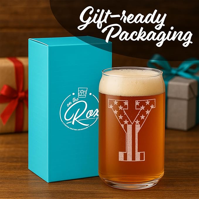 Monogram Beer Glasses for Men (A-Z) 16 oz - Beer Gifts for Men Brother Son Dad Neighbor - Unique Gifts for Him - Personalized Drinking Gift Beer Glass Mugs - Engraved Beer Can Glass (Y)