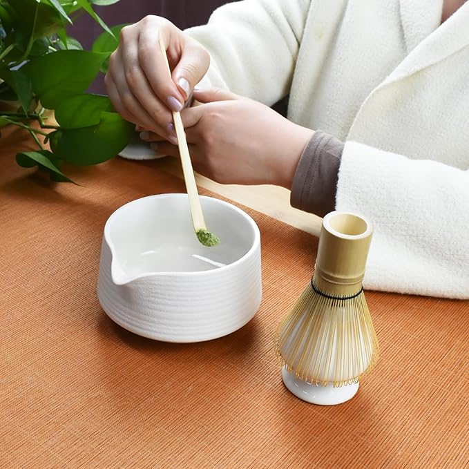 Artcome Matcha Tool Set - Complete Kit with Matcha Bowl with Spout, Bamboo Whisk, Tea Scoop & Whisk Holder, Porcelain White